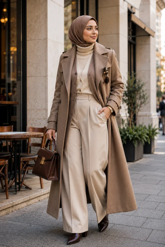 Modern Winter Outfits for Muslim Women: Modest Ideas featuring a tailored winter trench coat, layered knitwear, wide-leg trousers, a hijab, and ankle boots.