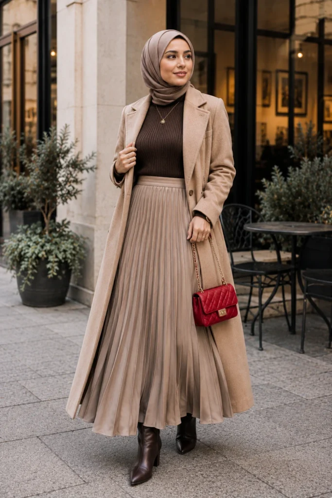 Modern Winter Outfits for Muslim Women: Modest Ideas featuring a ribbed turtleneck, flowing pleated maxi skirt, long coat, and elegant hijab.