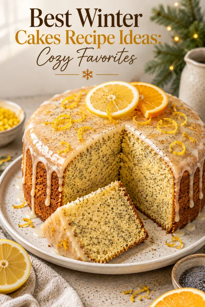 Moist lemon poppy seed cake with glossy winter citrus glaze, lemon zest, and poppy seeds for Best Winter Cakes Recipe Ideas: Cozy Favorites.