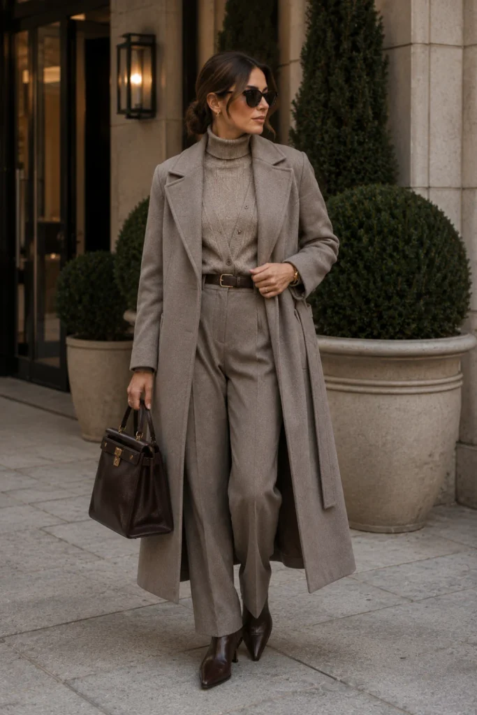 A modern monochrome knit set with tailored trousers, a long coat, and sleek boots styled as a chic old-money winter outfit.