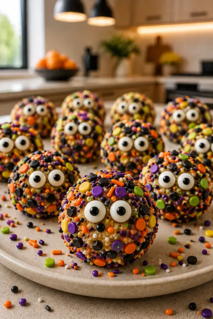 Monster Cookie Dough Bites rolled in colorful Halloween sprinkles and decorated with candy eyes for kids and parties.