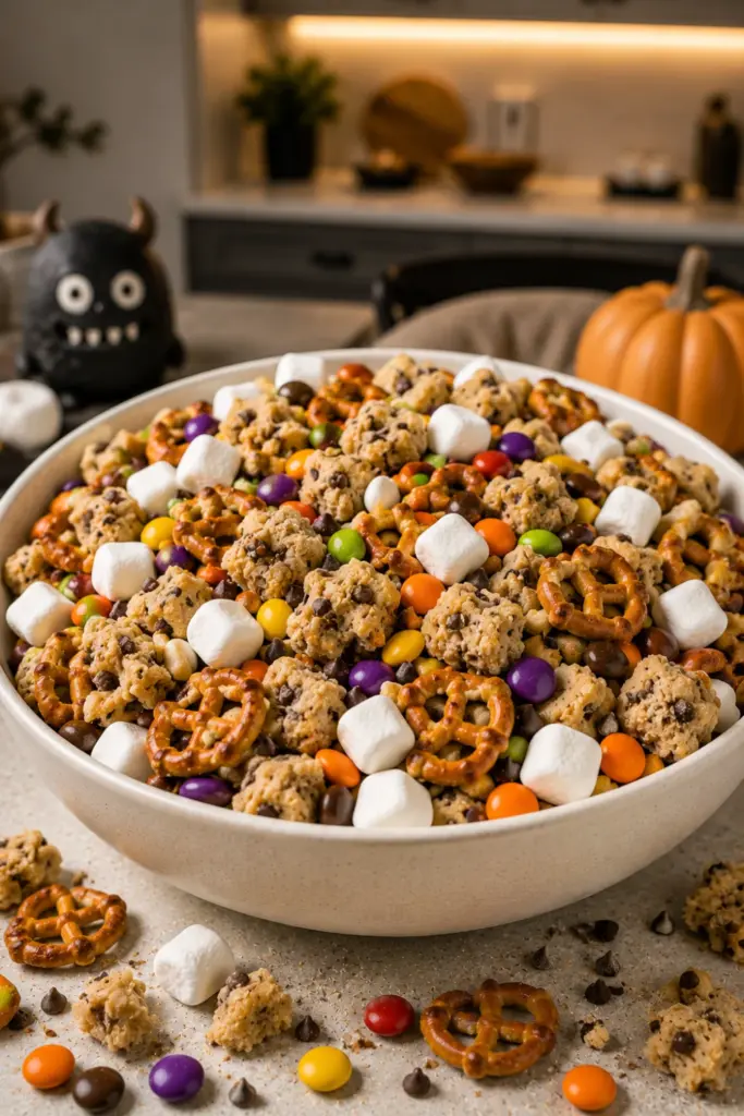 Monster Cookie Dough Bites are gluten-free Halloween trail mix with cookie dough pieces, mini M&Ms, pretzel pieces, and mini marshmallows.