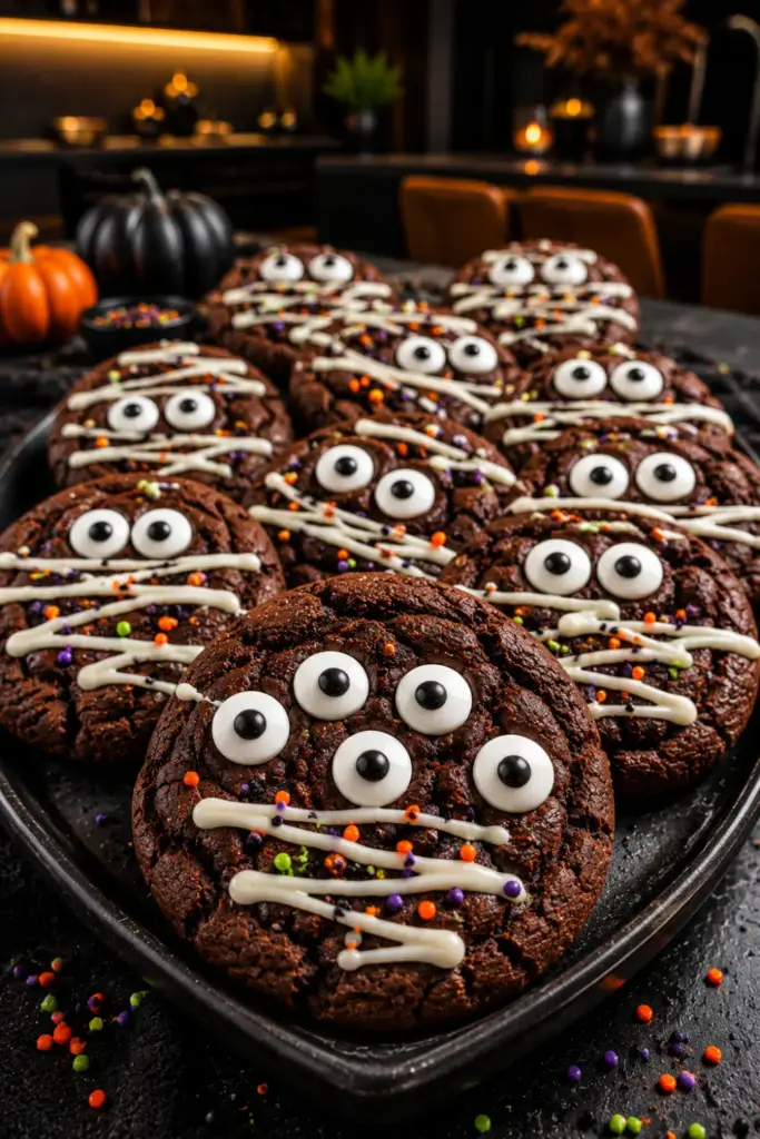 Rich chocolate monster-eye cookies topped with colorful candy eyes and white icing on a contemporary Halloween dessert table.