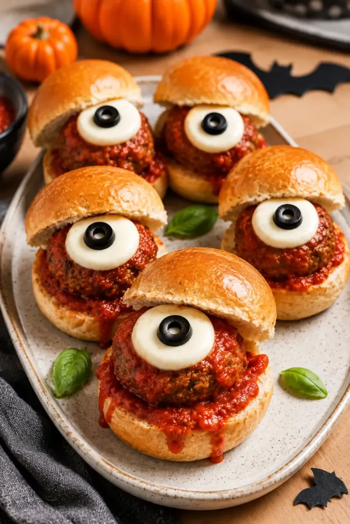 Easy Halloween Lunch Recipe Ideas: Fun Favorites showing monster eye meatball sliders with mozzarella and black olive eyes on mini subs.