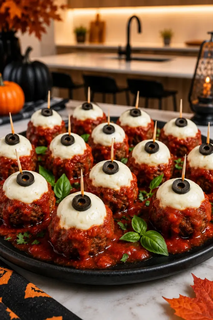 Monster eyeball meatballs topped with mozzarella and olive pupils in marinara sauce on a modern Halloween party platter.