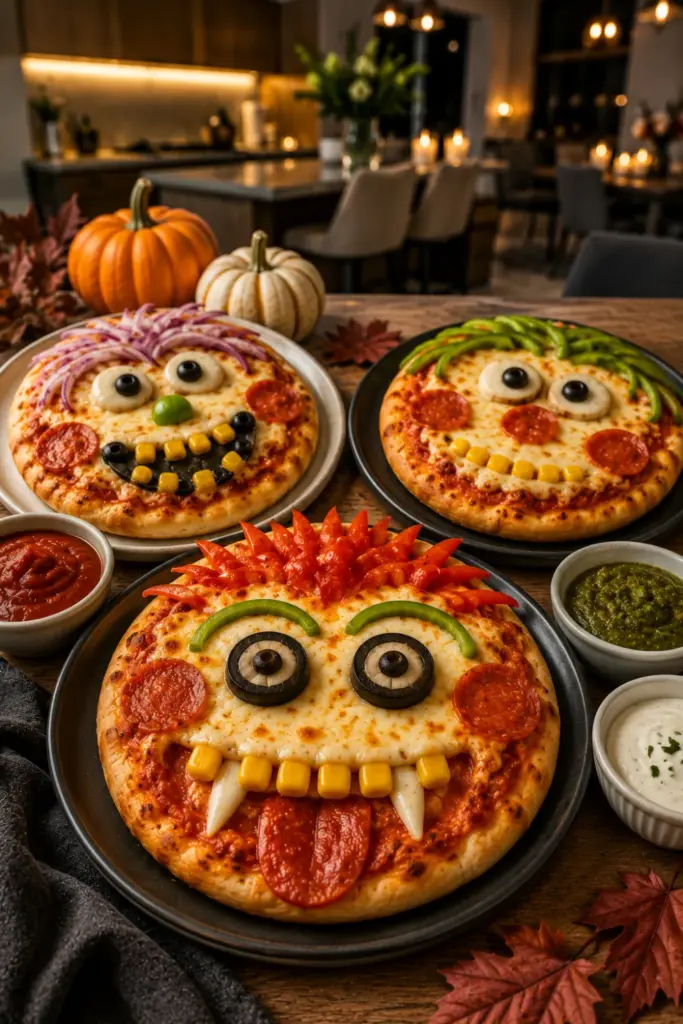 Colorful monster face pizzas decorated with cheese, olives and peppers for Halloween dinner.