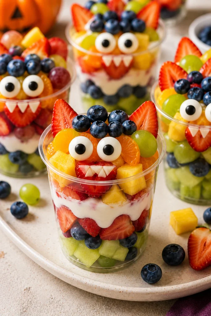 Colorful Monster Fruit Cups filled with fresh mixed fruit and decorated with candy eyes, a fun healthier Halloween treat for kids.
