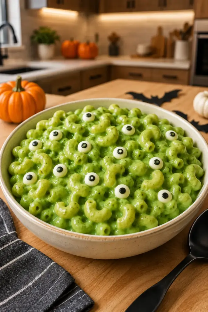 Easy Halloween Lunch Recipe Ideas: Fun Favorites featuring creamy green monster mac and cheese topped with playful candy eyeballs.