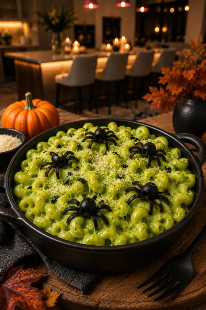 Creamy neon-green monster mac and cheese topped with edible spiders for Halloween dinner.