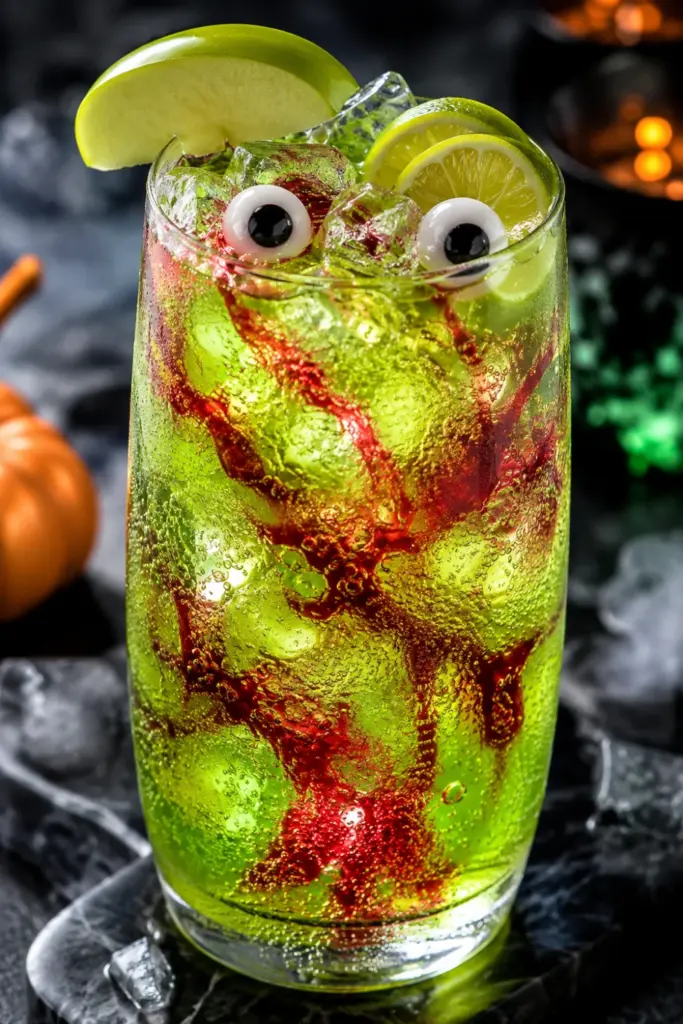 Monster Mash Fizz with bright green apple syrup, fizzy lemon-lime soda, cranberry streaks, ice, and playful Halloween styling.