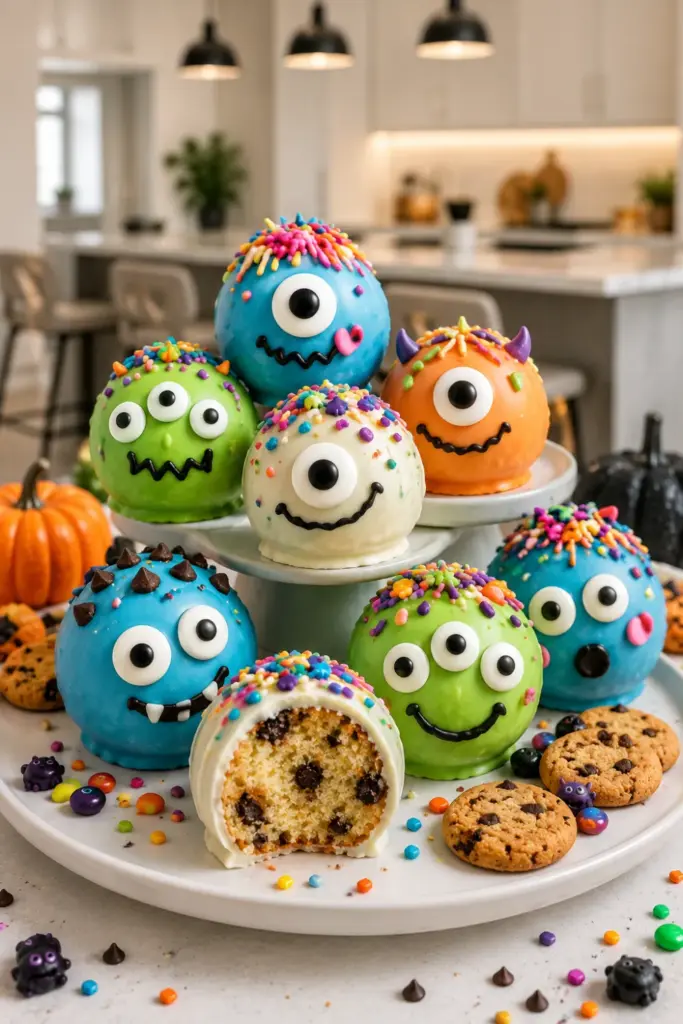Monster Monster Cookie Cake Balls with colorful sprinkles, cookie pieces, oversized candy eyes, and a playful, modern Halloween presentation.