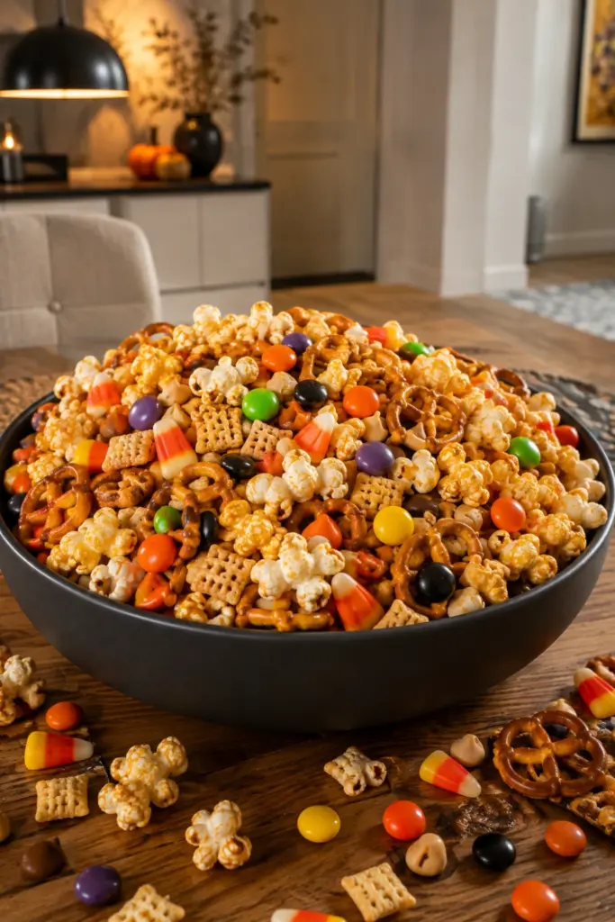 Monster Munch Halloween Chex Mix with Rice Chex, pretzels, kettle corn, candy corn, M&M's, and butterscotch chips for easy Halloween candy mix ideas for parties.