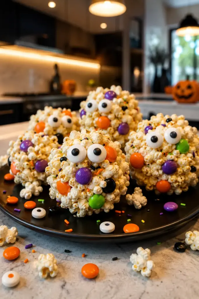 Monster Munch popcorn balls with candy eyes, colorful Halloween candies, and a festive modern presentation.