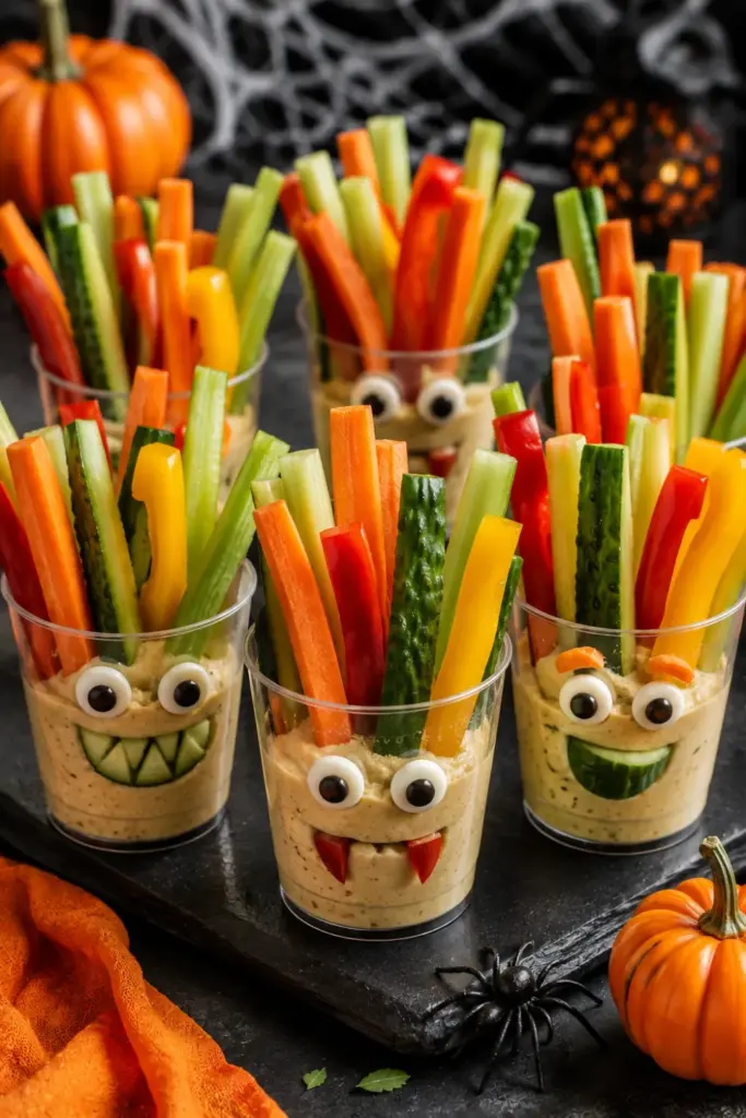 Colorful monster veggie cups filled with creamy hummus and crisp carrot, celery, cucumber, and bell pepper sticks, decorated as playful Halloween monsters.