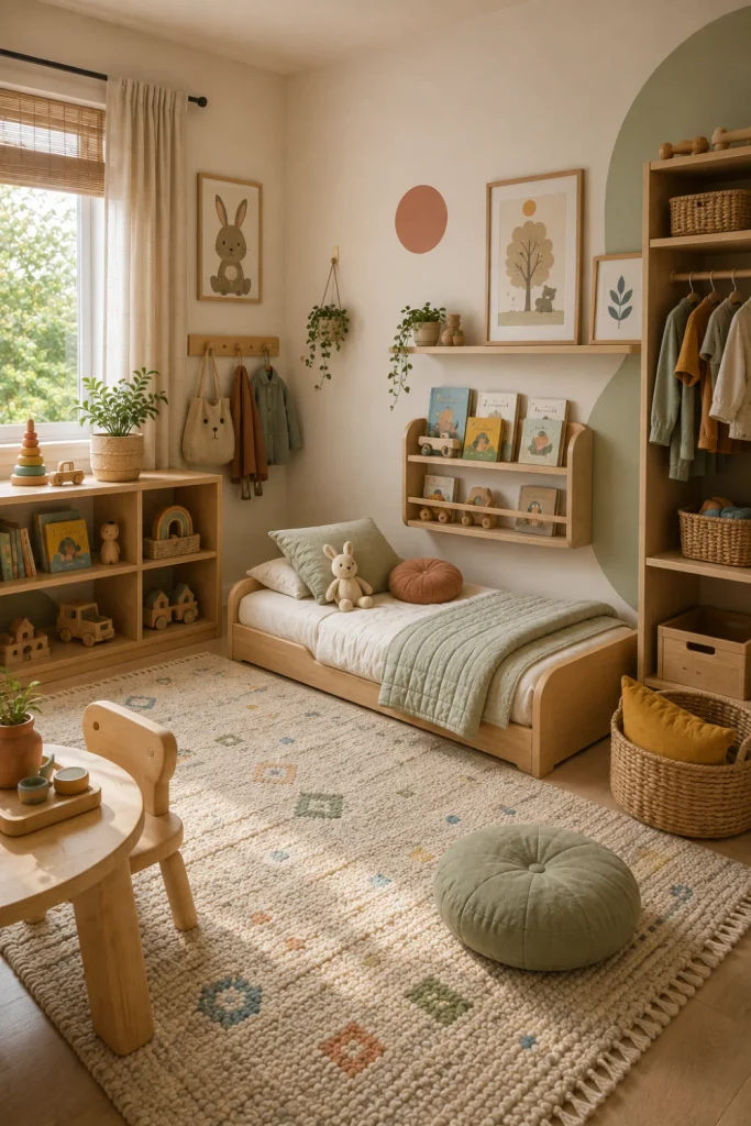 Montessori-inspired modern kids' bedroom with low-level oak furniture, accessible toy storage, soft sage and cream colors, and natural textures.