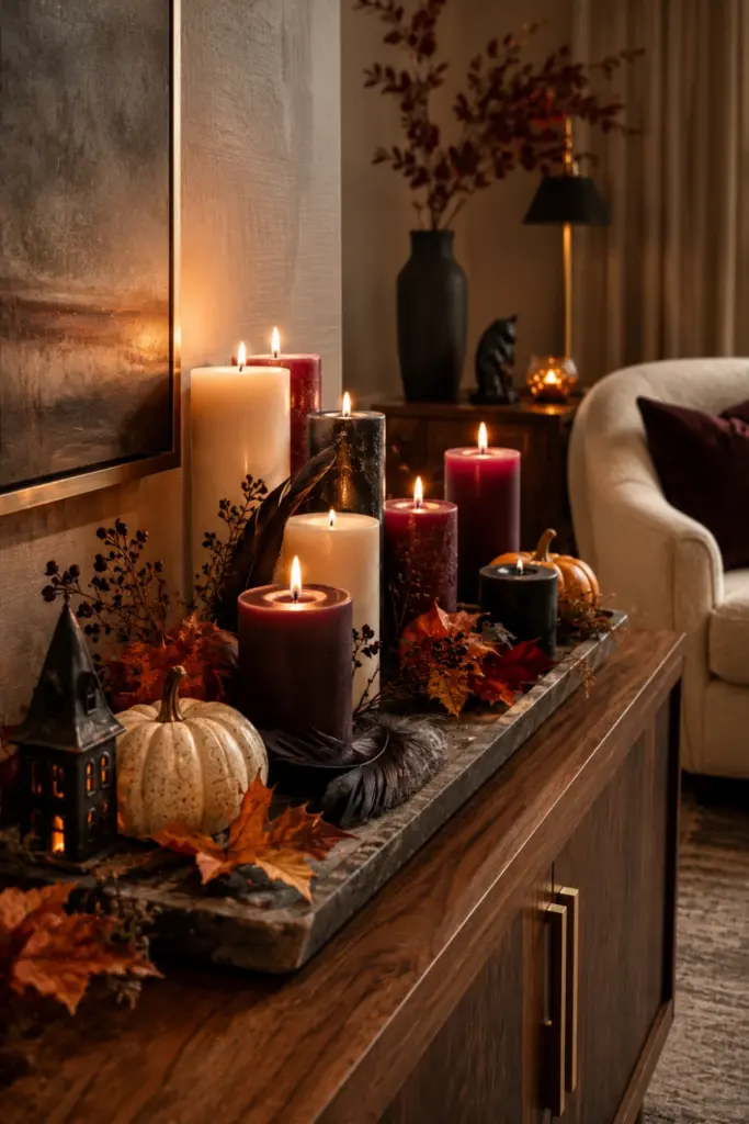 Moody candlelit Halloween corner with varying pillar candles, autumn leaves, black feathers, and modern décor for Best Halloween Aesthetic Design Ideas for Every Home.