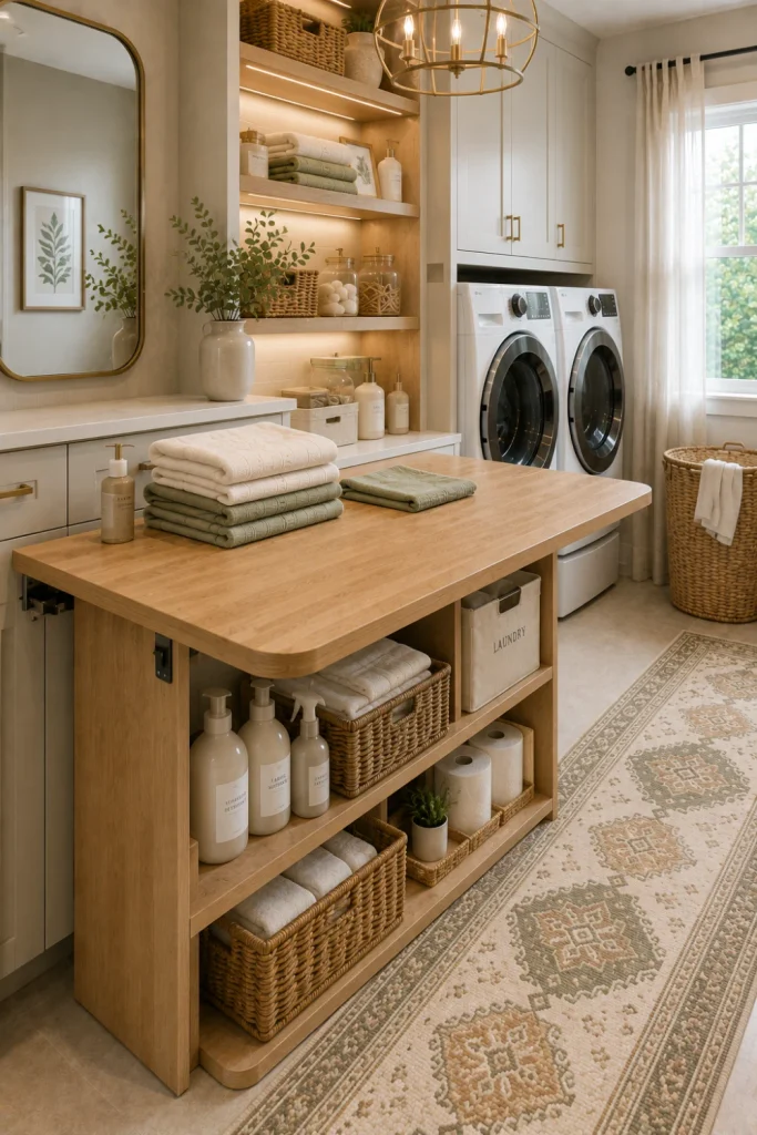 Modern laundry room with multifunctional folding table and built-in shelves, cream cabinetry, natural wood, woven baskets, sage accents, and contemporary 2026 decor.