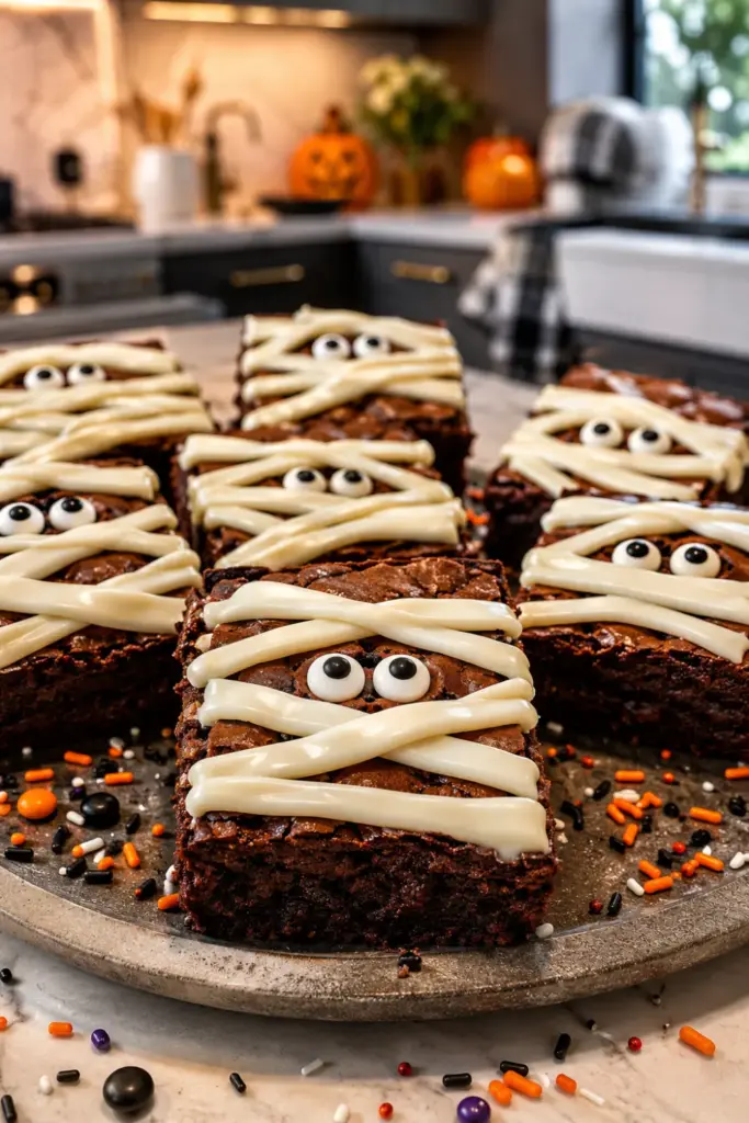 Mummy brownies decorated with white frosting ribbons and candy eyes on a modern Halloween dessert table.