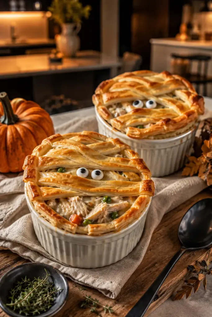 Individual mummy chicken pot pies with flaky pastry bandages and edible eyes for Halloween dinner.