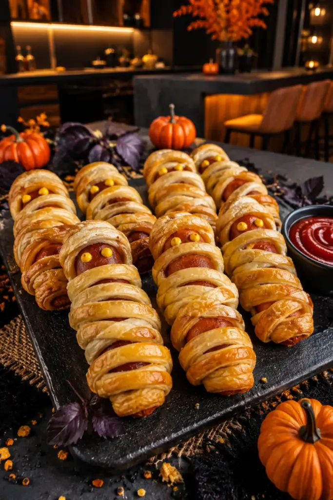 Golden-brown mummy crescent dogs with mustard eyes arranged on a modern Halloween party platter with dipping sauce.