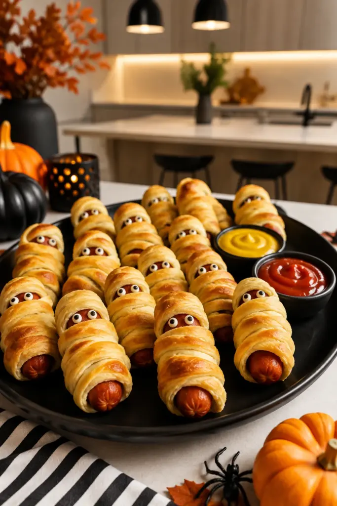 Mummy hot dog bites served with mustard and ketchup on a modern Halloween party table.