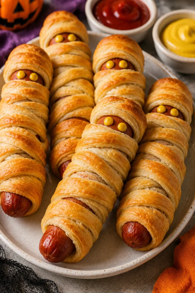 Mummy Hot Dogs wrapped in golden crescent dough strips with mustard eyes, an easy and fun Halloween party food for kids.