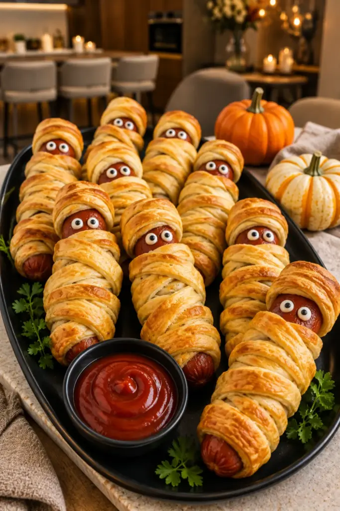Mummy hot dogs wrapped in golden crescent dough with edible eyes for an easy Halloween dinner.