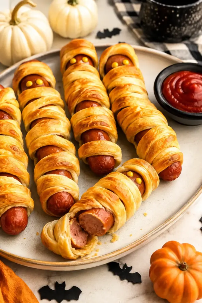 Easy Halloween Lunch Recipe Ideas: Fun Favorites featuring golden mummy hot dogs wrapped in crescent dough with mustard eyes on a colorful, modern Halloween lunch table.