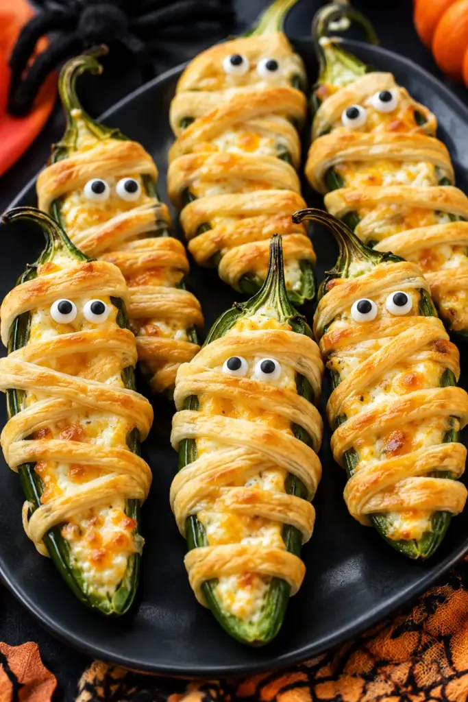 Ultra-realistic close-up of creamy mummy jalapeno poppers stuffed with cream cheese and cheddar, wrapped in golden crescent-roll strips, and decorated with edible eyes for a colorful Halloween party appetizer.