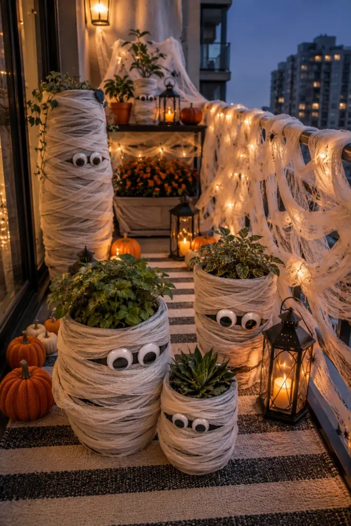 Playful modern Halloween balcony featuring gauze-wrapped railings and planters, oversized googly eyes, and warm contemporary lighting.