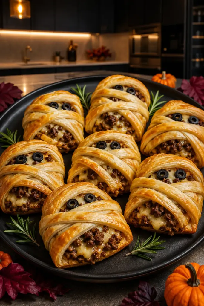 Mummy meat pockets made with flaky puff pastry, seasoned ground beef, melted cheese, and olive eyes for Halloween.