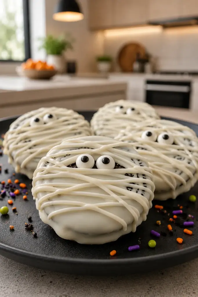 Mummy Oreos covered in white chocolate with candy eyes and chocolate drizzle bandages are perfect for Halloween parties.