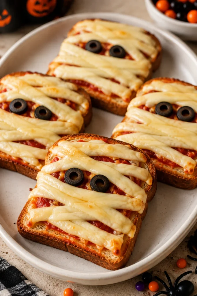 Crispy Mummy Pizza Toasts topped with melted mozzarella cheese strips and olive eyes, a fun Halloween recipe idea for kids.