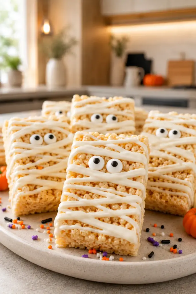 Mummy Rice Krispie treats decorated with white icing bandages and candy eyeballs for Halloween parties.