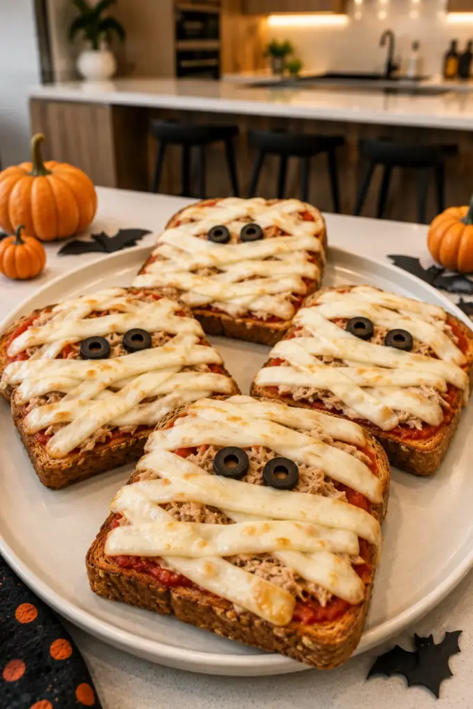 Easy Halloween Lunch Recipe Ideas: Fun Favorites featuring whole wheat mummy tuna toasts topped with pizza sauce, mozzarella strips, and olive eyes.