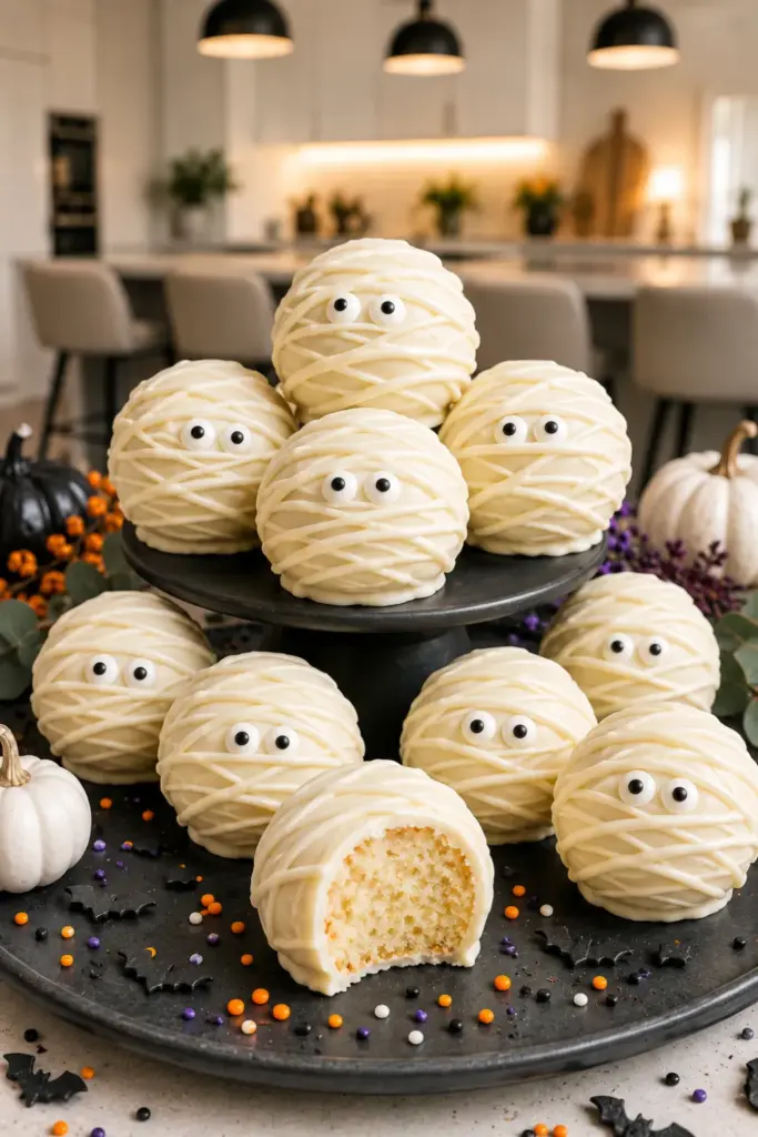 Mummy white chocolate cake balls decorated with white chocolate drizzles and candy eyes on a stylish modern Halloween dessert table.