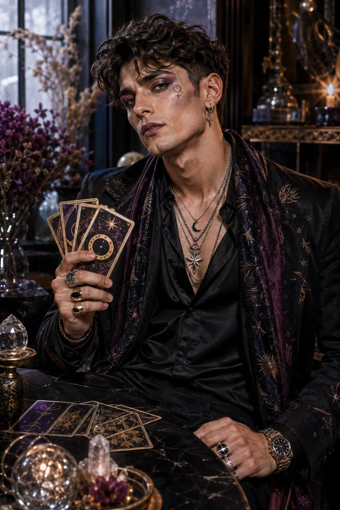 Modern mystic tarot fortune teller Halloween outfit for men with layered black fashion, jewelry, celestial makeup, and tarot cards.