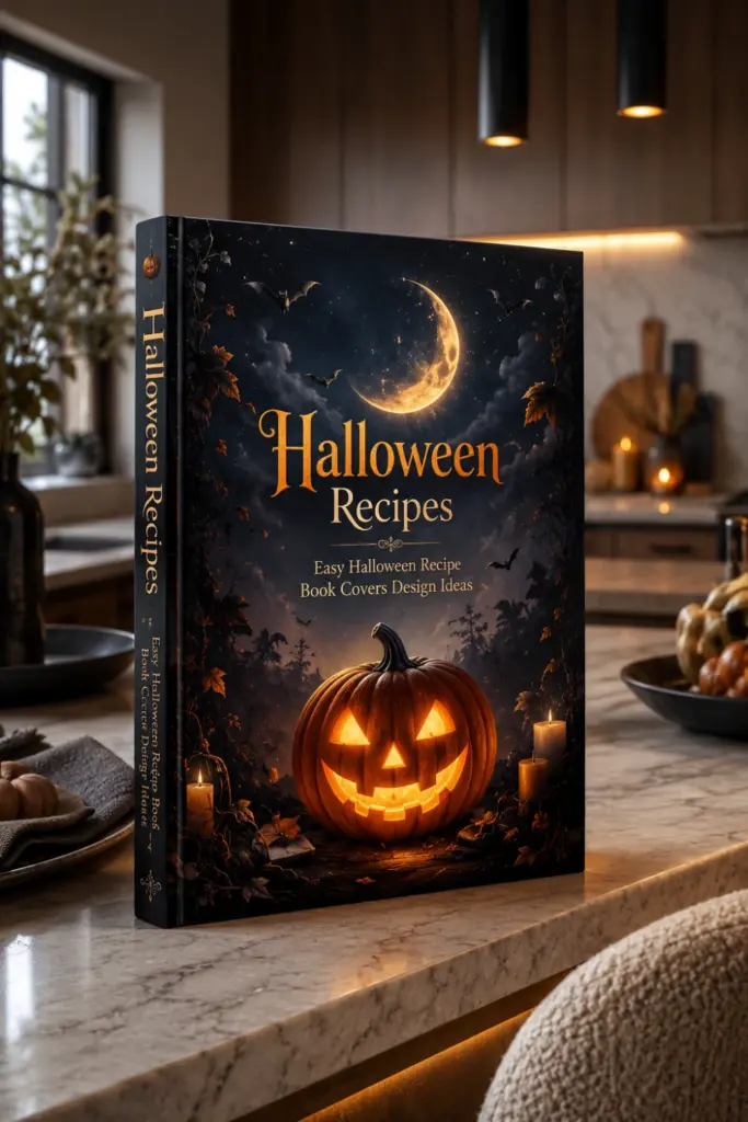 Mystical Halloween recipe book cover with a glowing jack-o-lantern, crescent moon and dark atmospheric background.