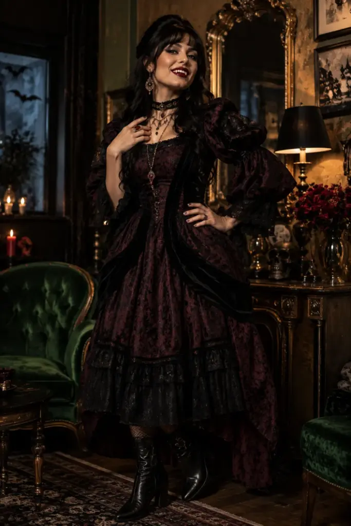 Nadja-inspired vampire costume with decadent vintage dress, dramatic accessories, modern gothic styling, and playful 2026 Halloween glamour.