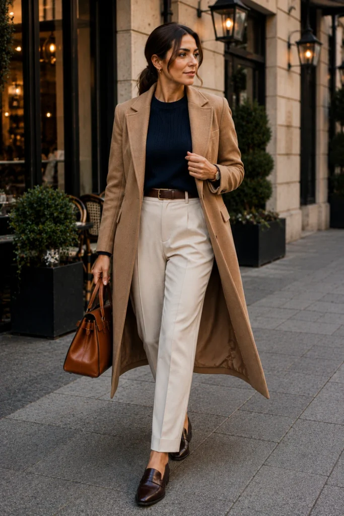 A navy knit sweater with straight-leg tailored trousers, a wool coat, and leather loafers in a polished modern old-money winter outfit.