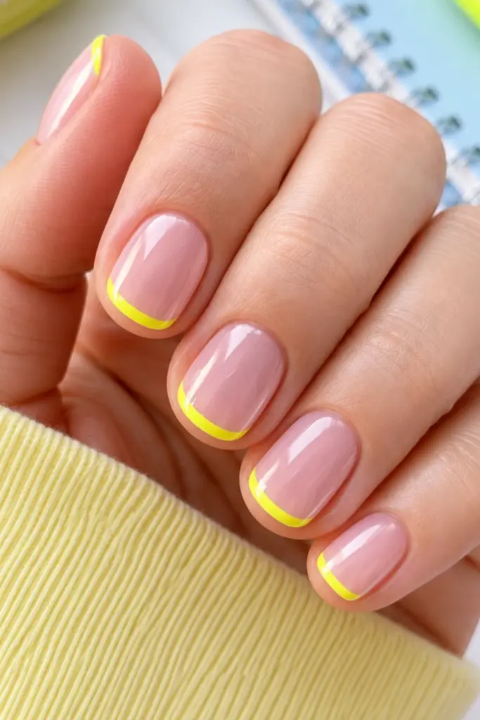 Cute short clear nails with bright neon yellow French tips for a playful and stylish school season manicure.