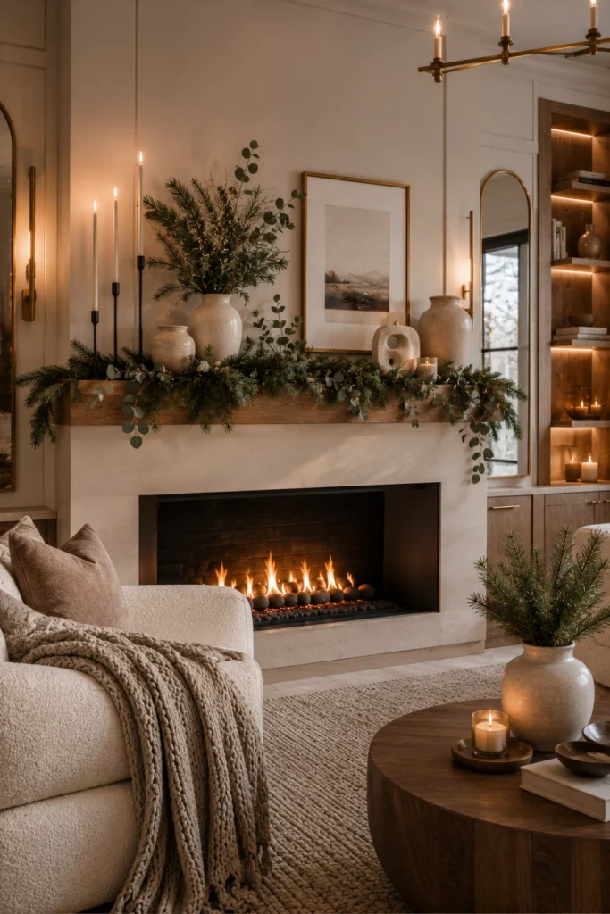 Neutral winter mantel decorated with pine greenery, eucalyptus, tapered candles, ceramic pieces, warm neutral accents, and modern lighting.