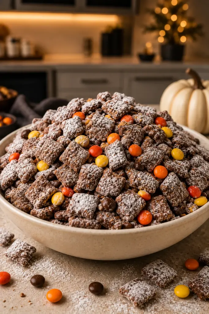 No-Bake Halloween Puppy Chow gluten-free trail mix made with Chex cereal, chocolate, peanut butter, powdered sugar, and festive Reese's Pieces.