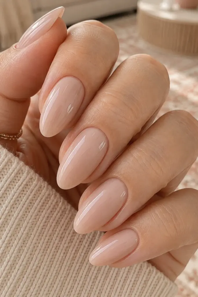 Natural nude almond clean girl nails with a glossy finish for an elegant back-to-school manicure.