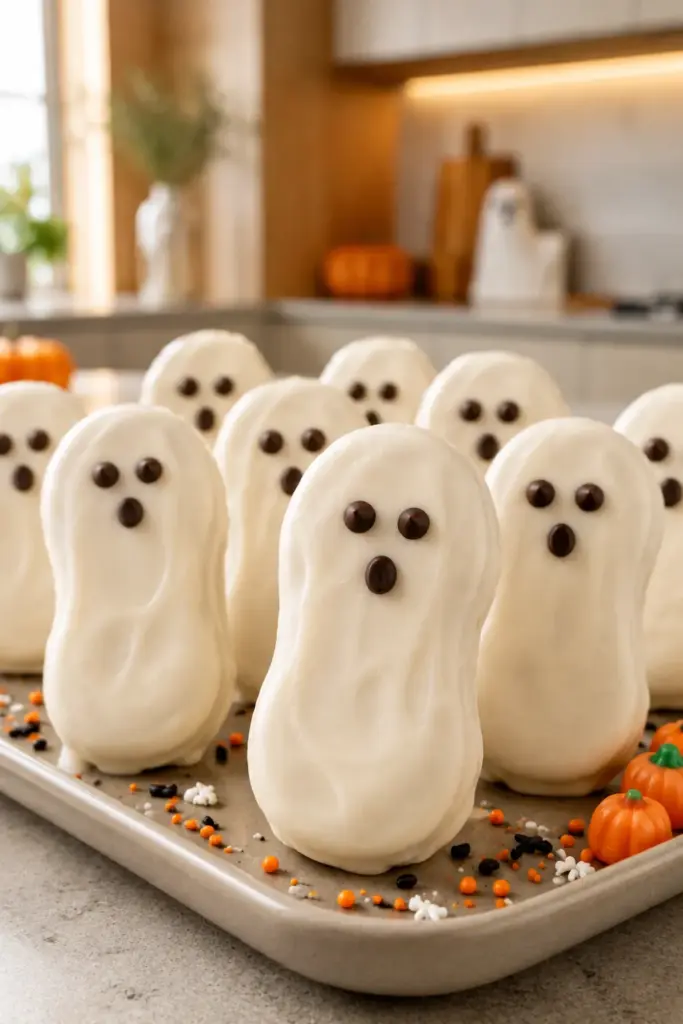Nutty Ghost Cookies dipped in white chocolate with chocolate chip ghost faces for Halloween parties and kids.