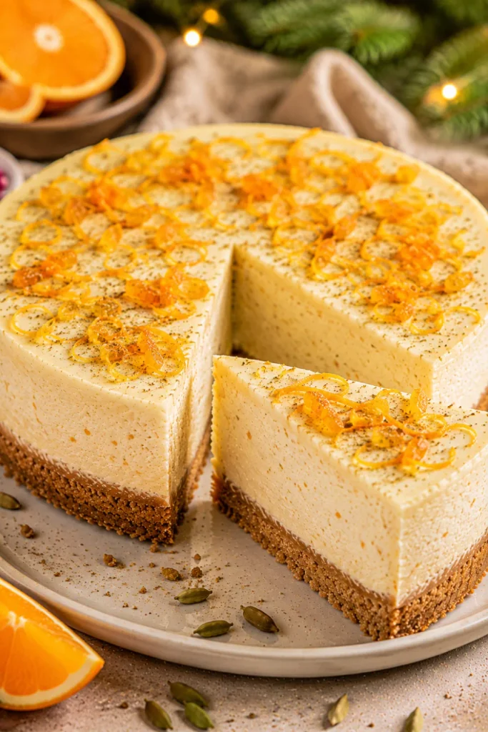 Orange cardamom winter cheesecake with creamy citrus filling, fresh orange zest, cardamom, and a golden crumb crust.