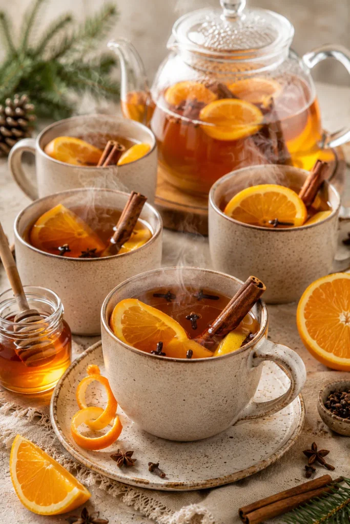 Fragrant orange spice herbal tea with cinnamon, cloves, orange peel, and honey is served warm in elegant winter cups.