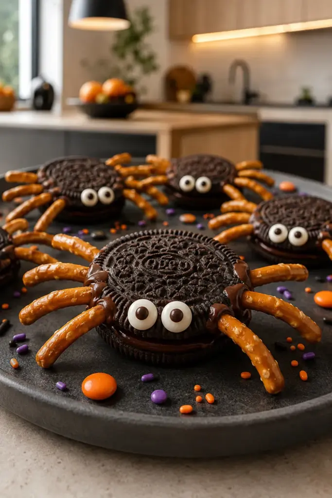 Oreo spider cookies made with pretzel stick legs, candy eyes, and melted chocolate for an easy Halloween party treat.