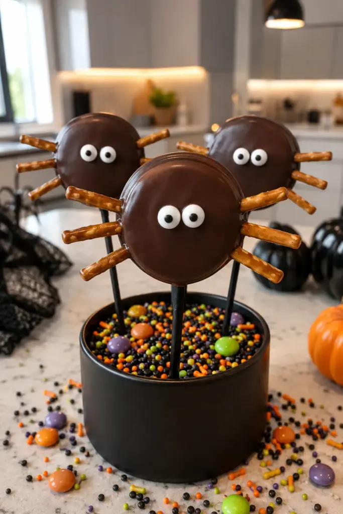 Oreo Spider Pops decorated with chocolate coating, pretzel spider legs, and candy eyes for a colorful Halloween dessert display.