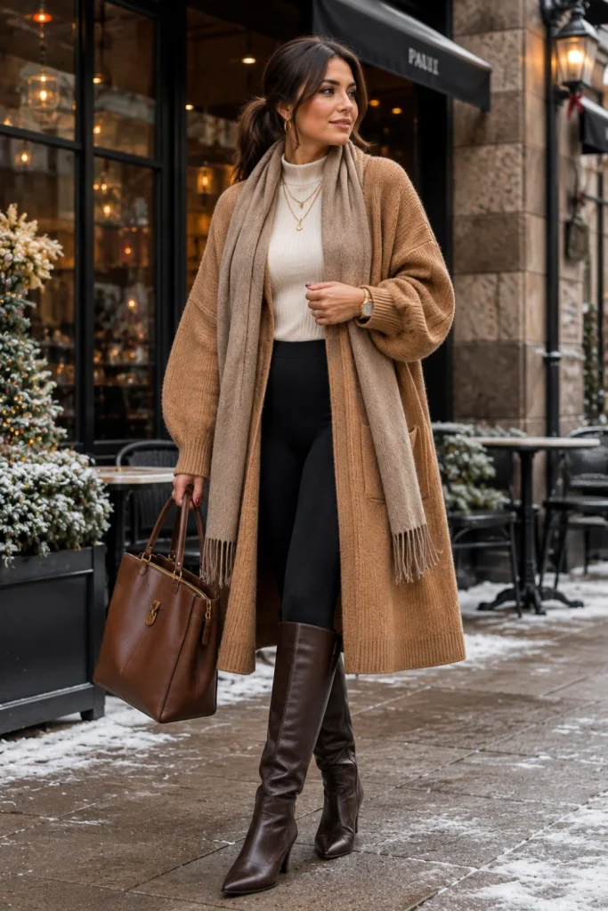A modern 2026 casual winter outfit with an oversized camel cardigan, black leggings, a fitted knit top, boots, and polished accessories.